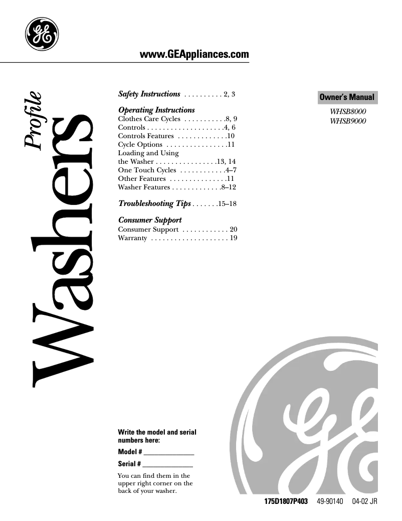 Page 1 de la notice Mode d'emploi GE WHSB9000BWC