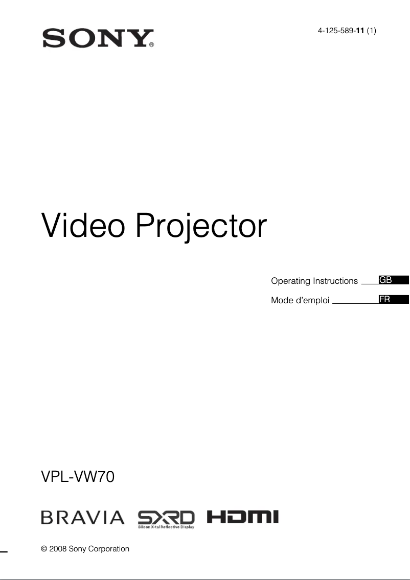 Page n°1 - Manuel utilisateur Sony VPL-VW70