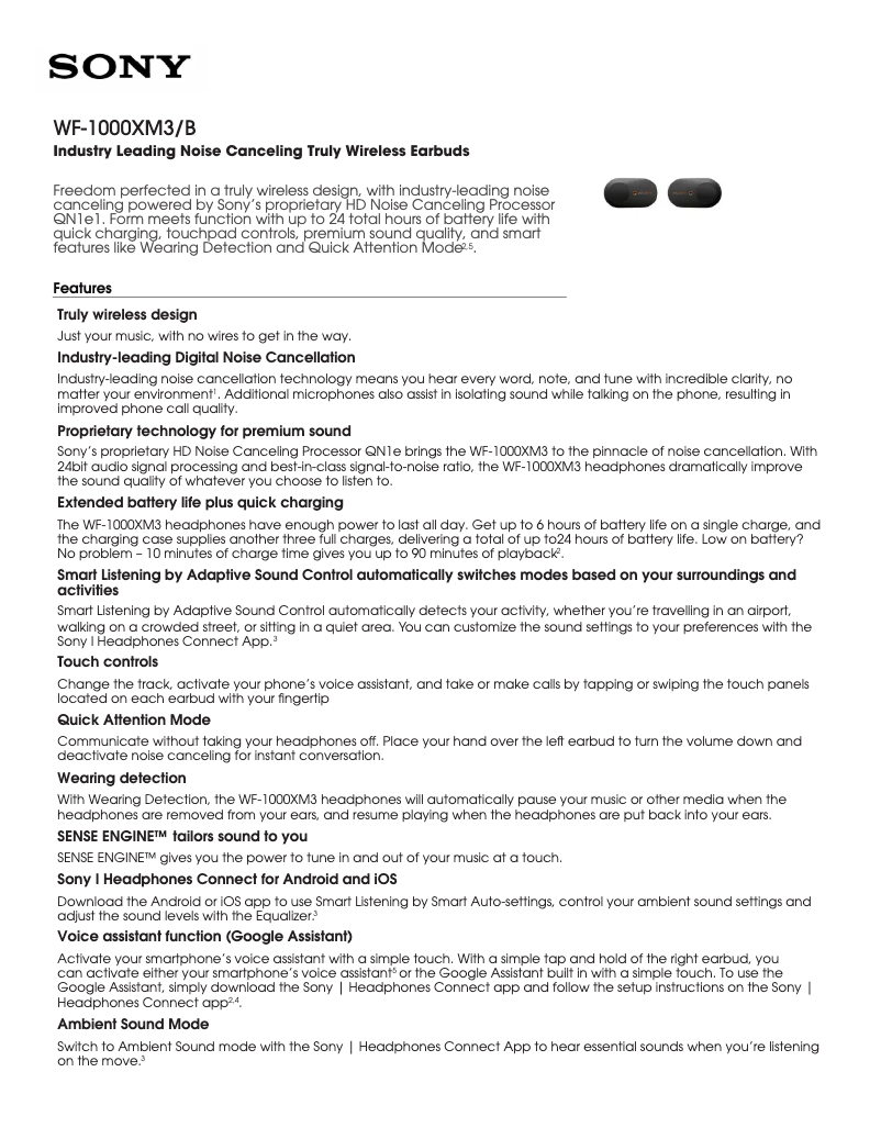 Page 1 de la notice Fiche technique Sony WF-1000XM3