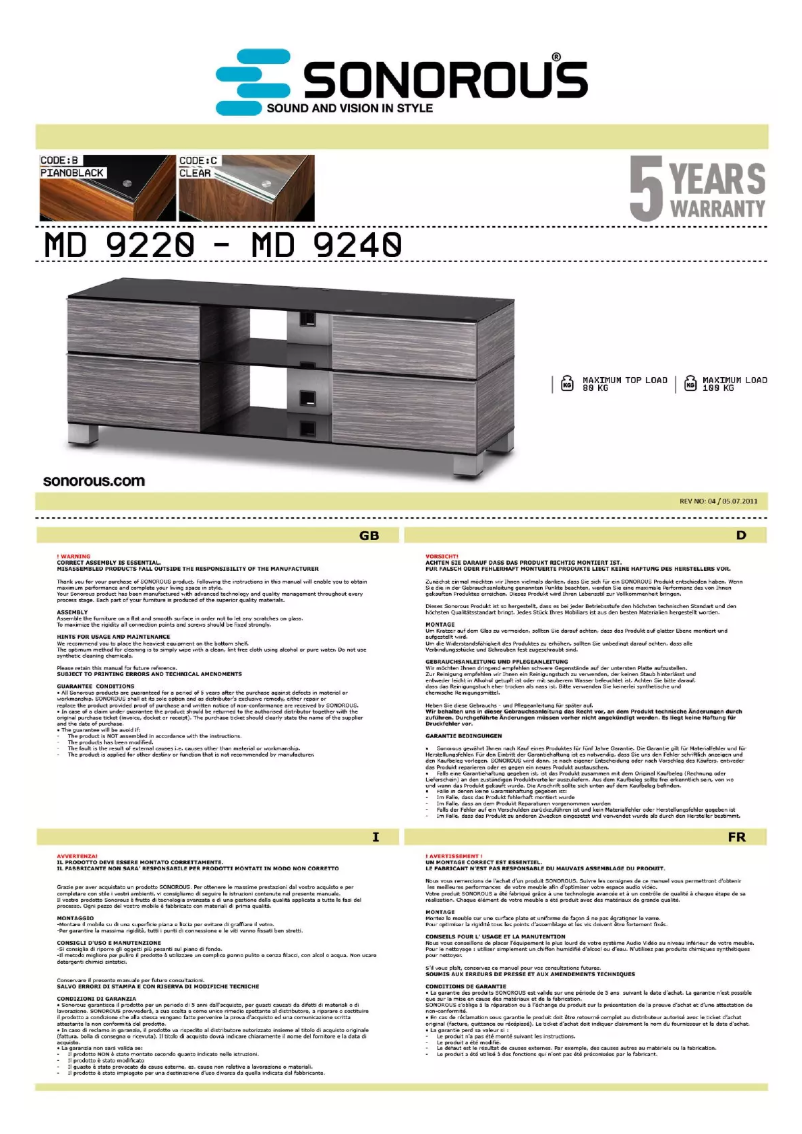 Page n°1 - Manuel utilisateur Sonorous MD 9240-B-HBLK-BLK