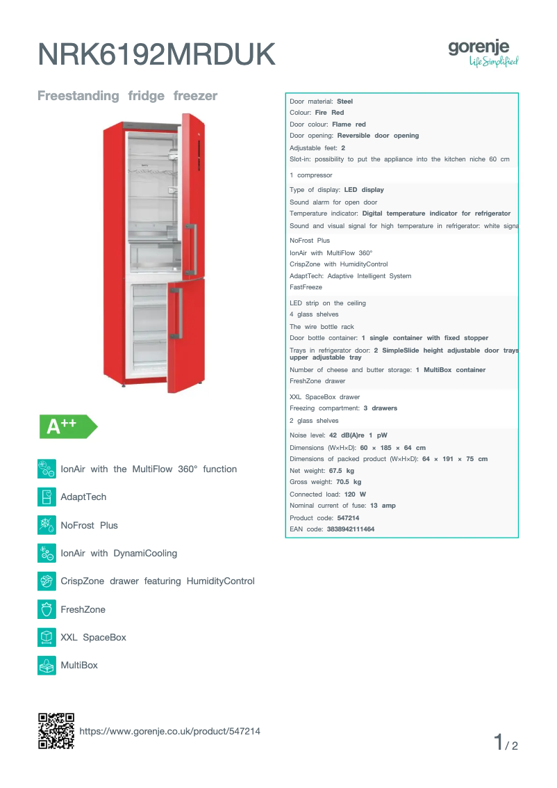 Página 1 del manual Ficha técnica Gorenje NRK6192MRDUK