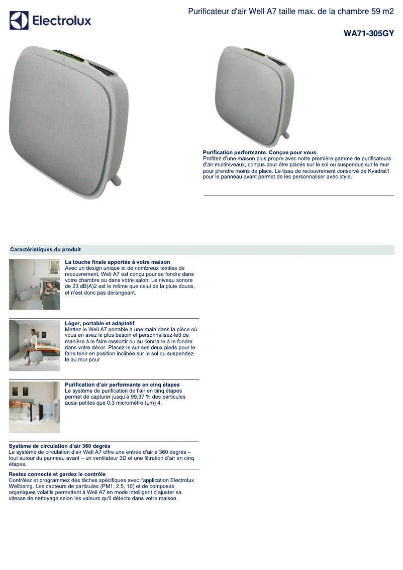Page 1 de la notice Fiche technique Electrolux Well A7 WA71-305GY