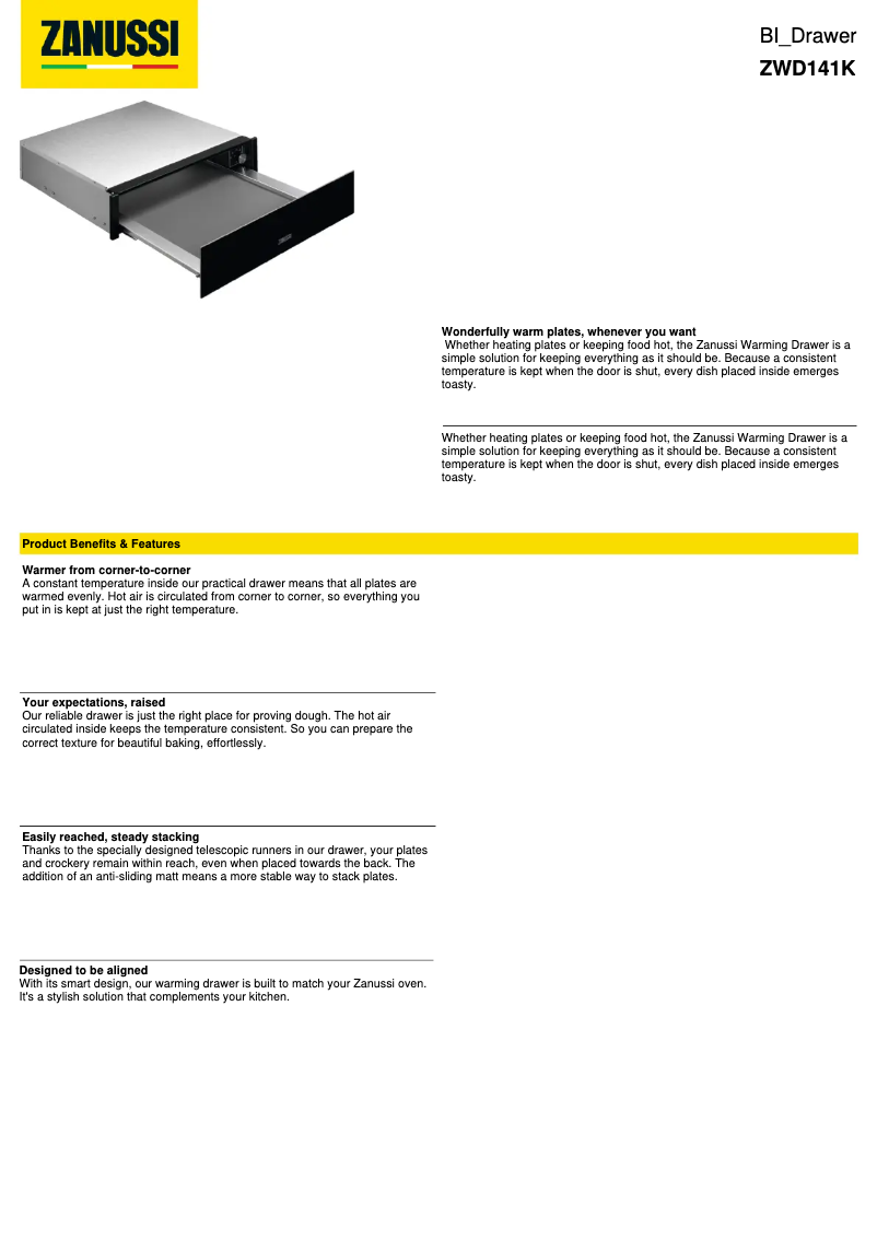 Page 1 de la notice Fiche technique Zanussi ZWD141K