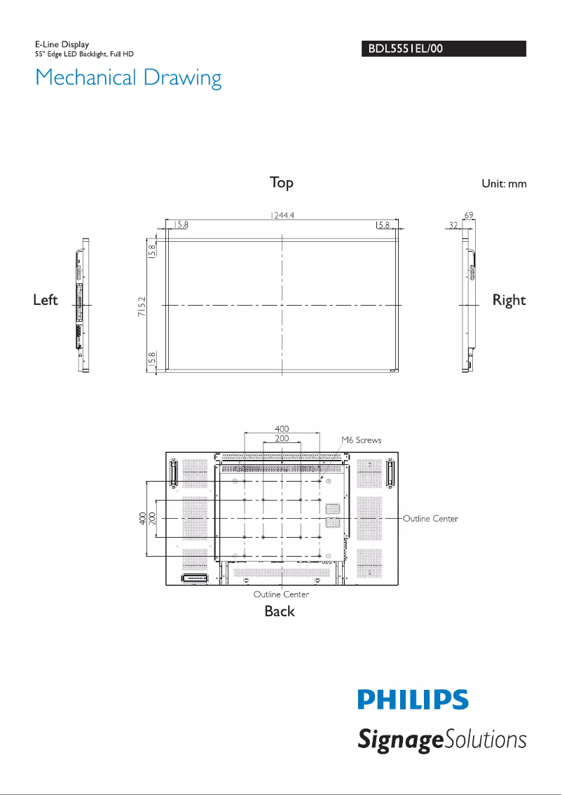 Page 1 de la notice Dessin technique Philips Signage Solutions BDL5551EL