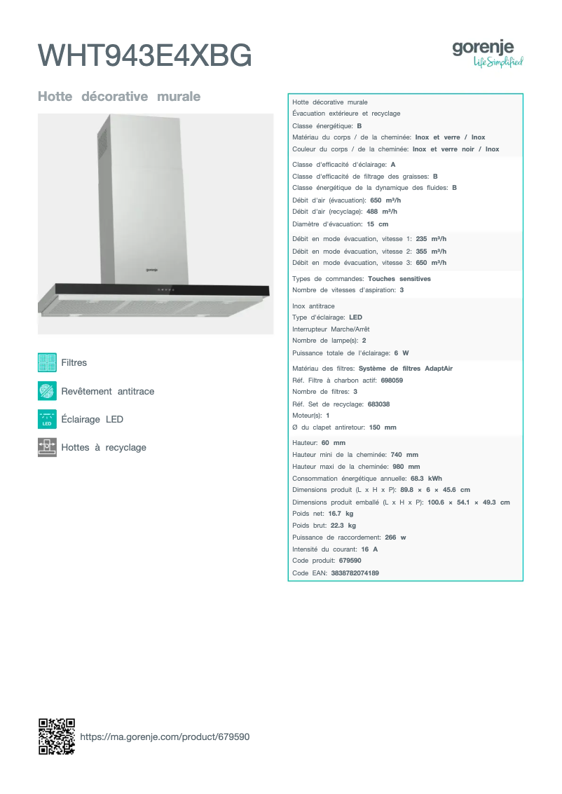 Page n°1 - Fiche technique Gorenje WHT943E4XBG