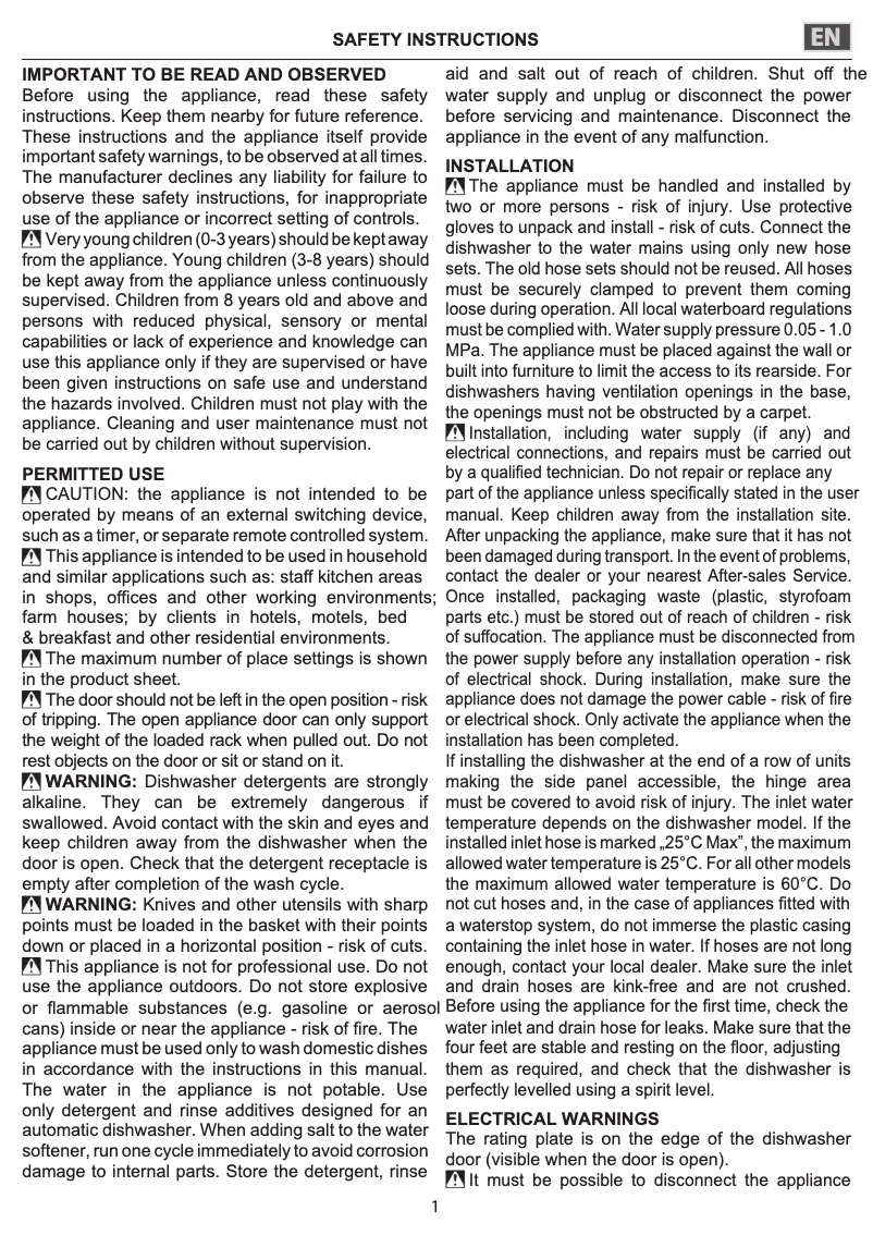 Page 1 de la notice Instructions de sécurité Indesit DFC 2C24 A X