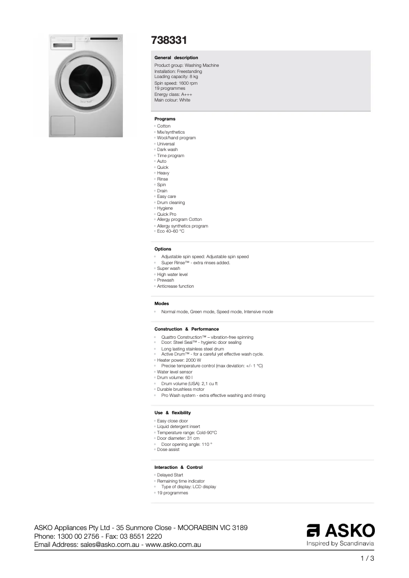 Page 1 de la notice Fiche technique Asko 738331
