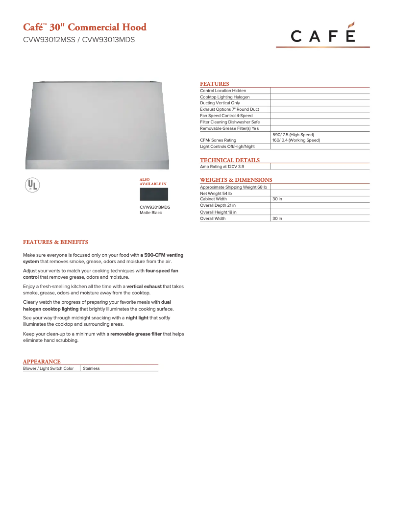 Page 1 de la notice Fiche technique GE CVW93013MDS