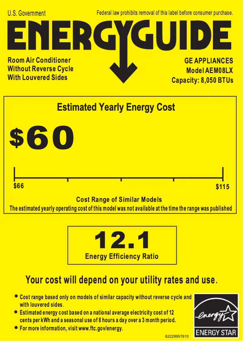 Page 1 de la notice Label énergétique GE AEM08LX