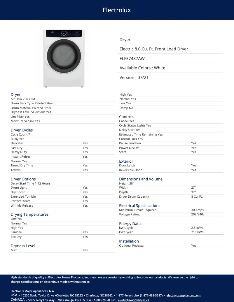 Page 1 de la notice Fiche technique Electrolux ELFE7437AW
