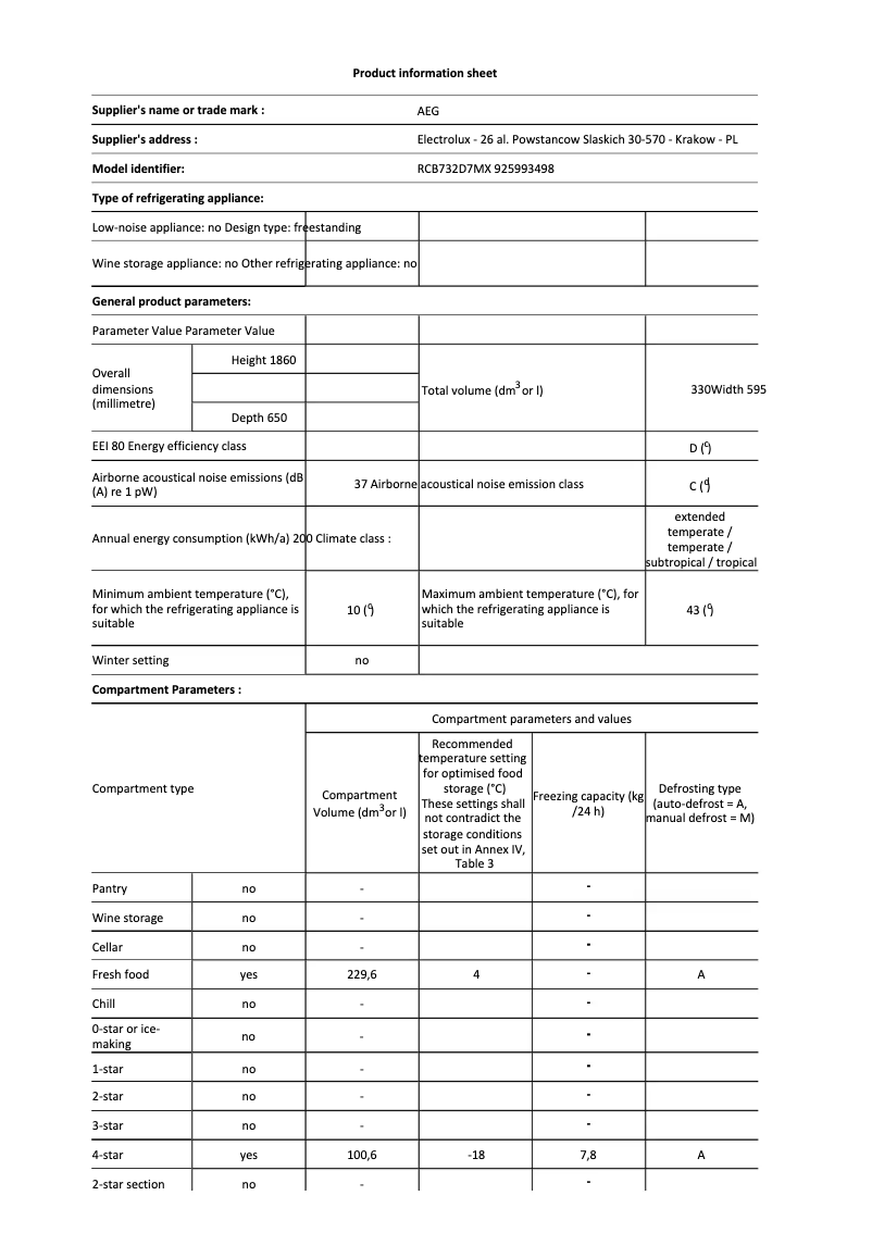 Page n°1 - Fiche technique AEG RCB732D7MX