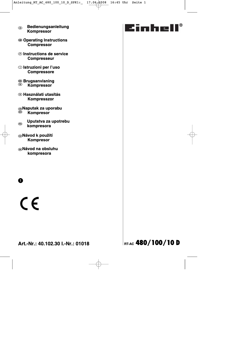 Page 1 de la notice Mode d'emploi Einhell RT-AC 480/100/10 D