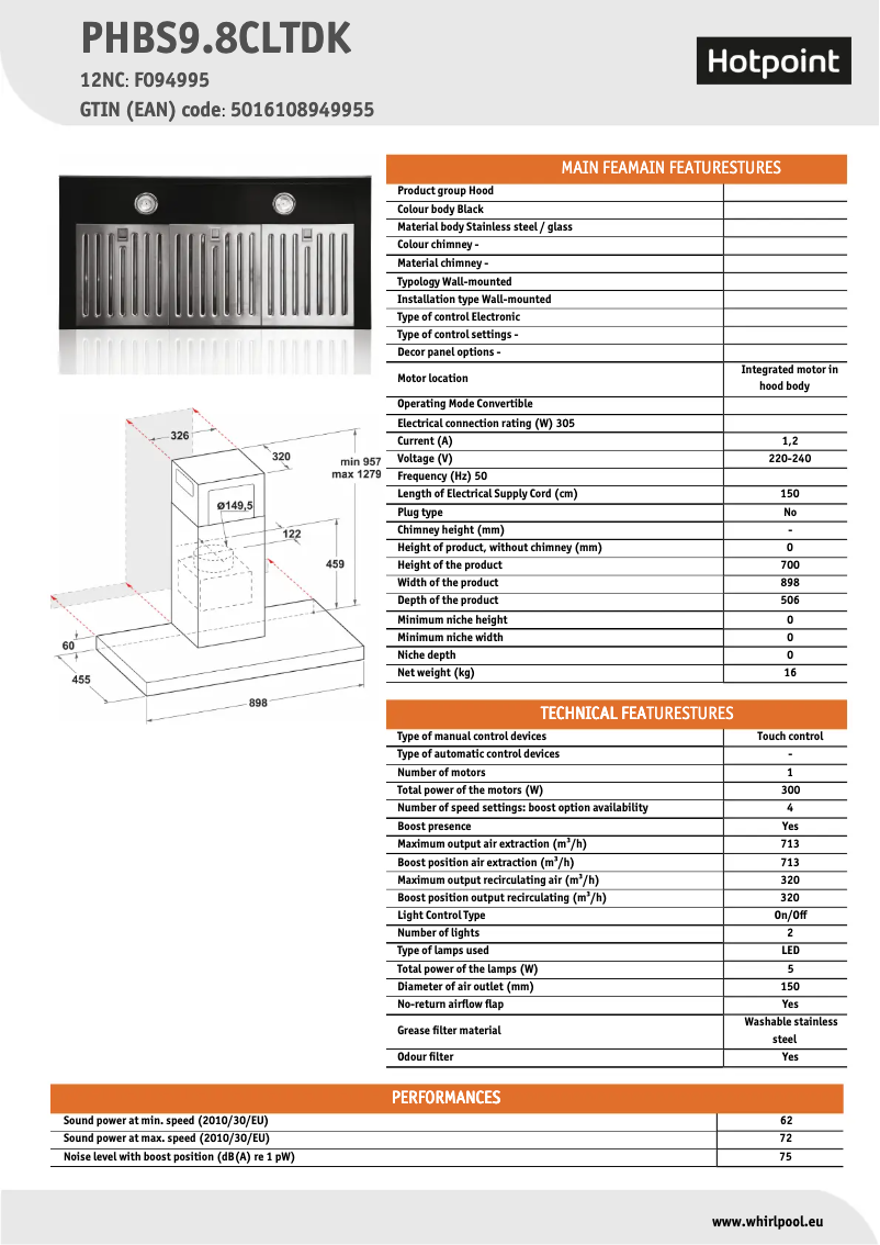 Page 1 de la notice Fiche technique Hotpoint PHBS9.8CLTDK