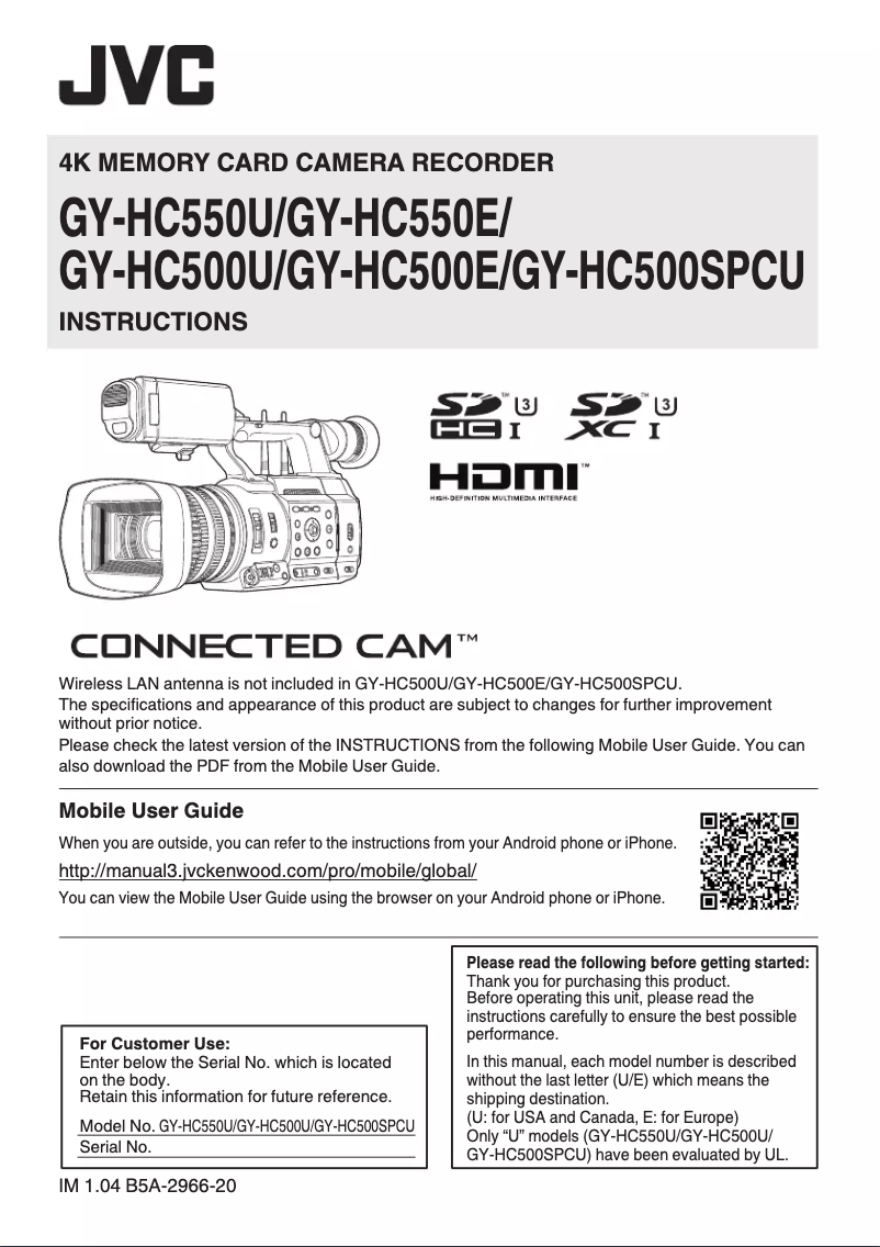 Page 1 de la notice Manuel utilisateur JVC GY-HC500U