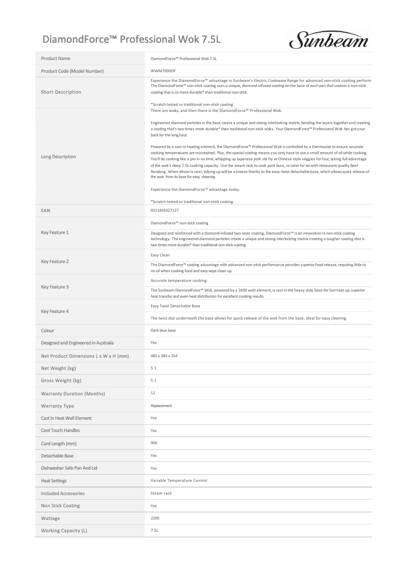 Page 1 de la notice Fiche technique Sunbeam DiamandForce WWM7000DF