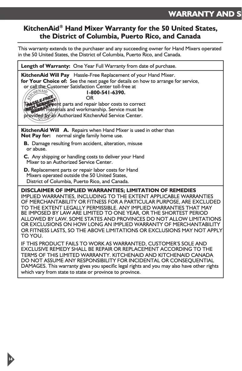 Página 1 del manual Información de garantía KitchenAid KHM929CU