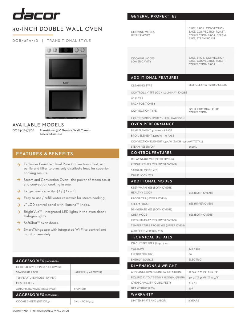 Page n°1 - Fiche technique Dacor DOB30P977DS