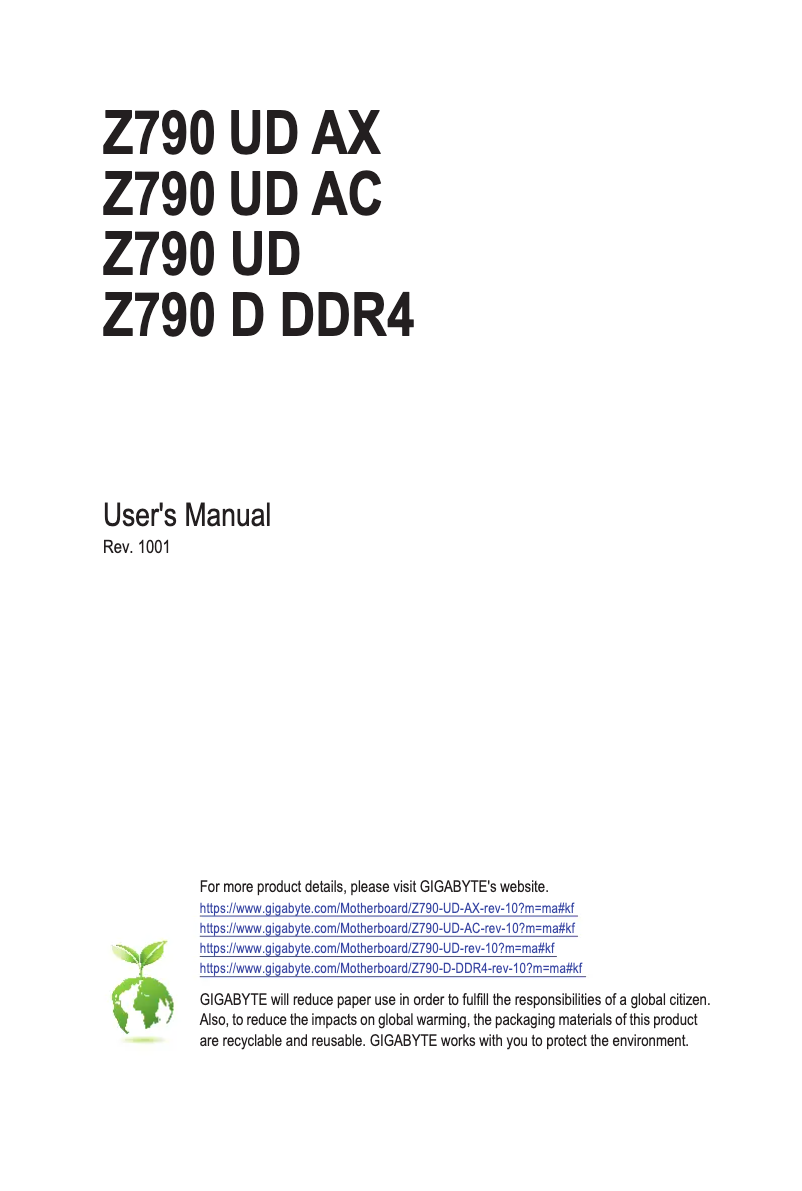Page 1 de la notice Manuel utilisateur Gigabyte Z790 UD AC