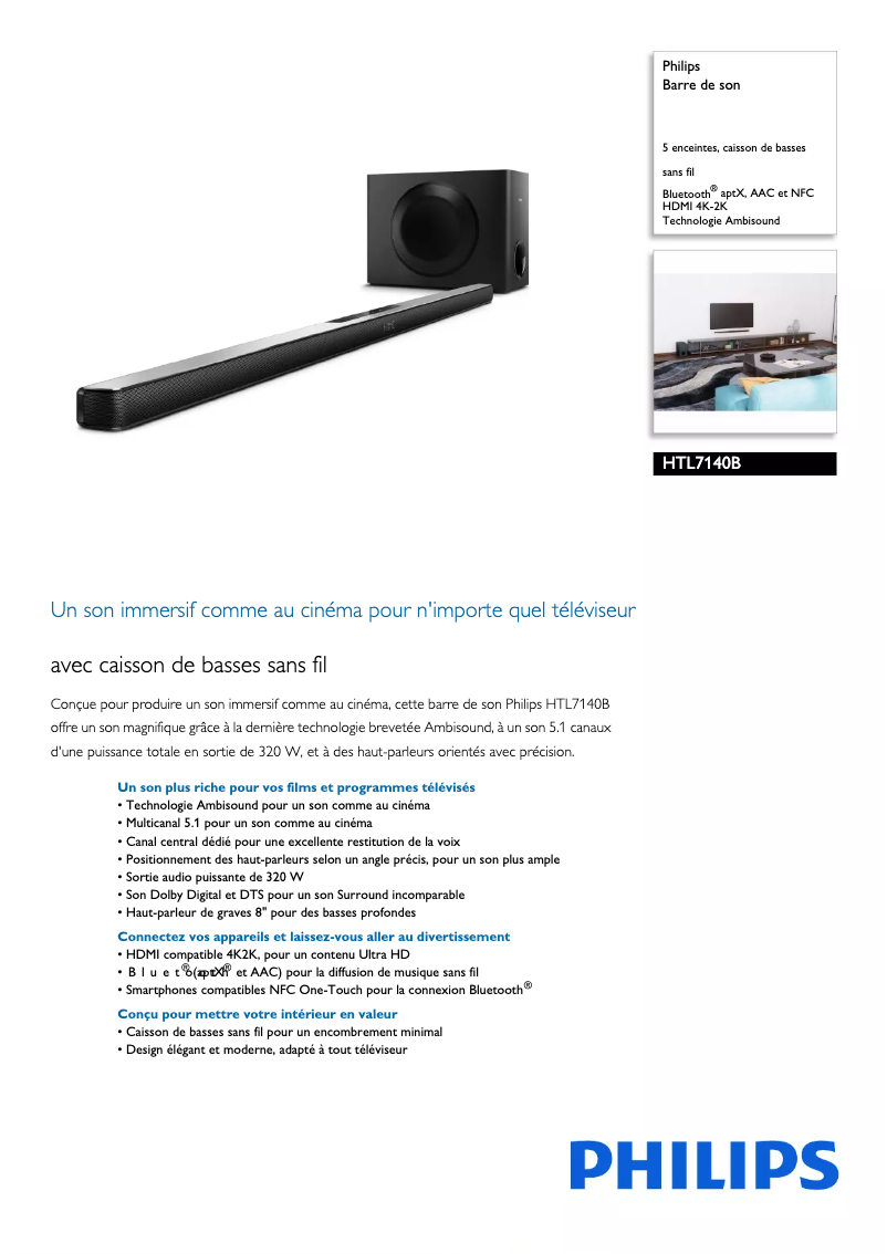 Page 1 de la notice Fiche technique Philips HTL7140B