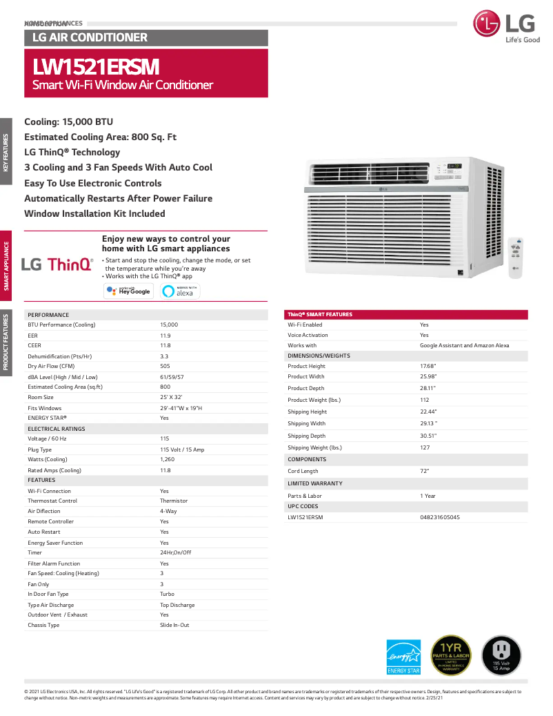 Page 1 de la notice Fiche technique LG LW1521ERSM