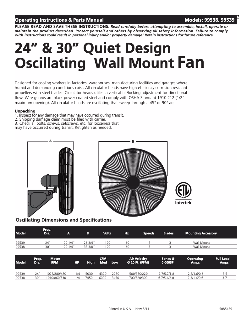 Page 1 de la notice Manuel utilisateur Air King 99538