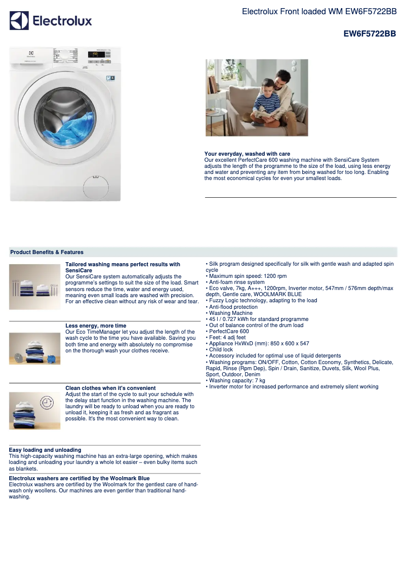 Page 1 de la notice Fiche technique Electrolux EW6F5722BB