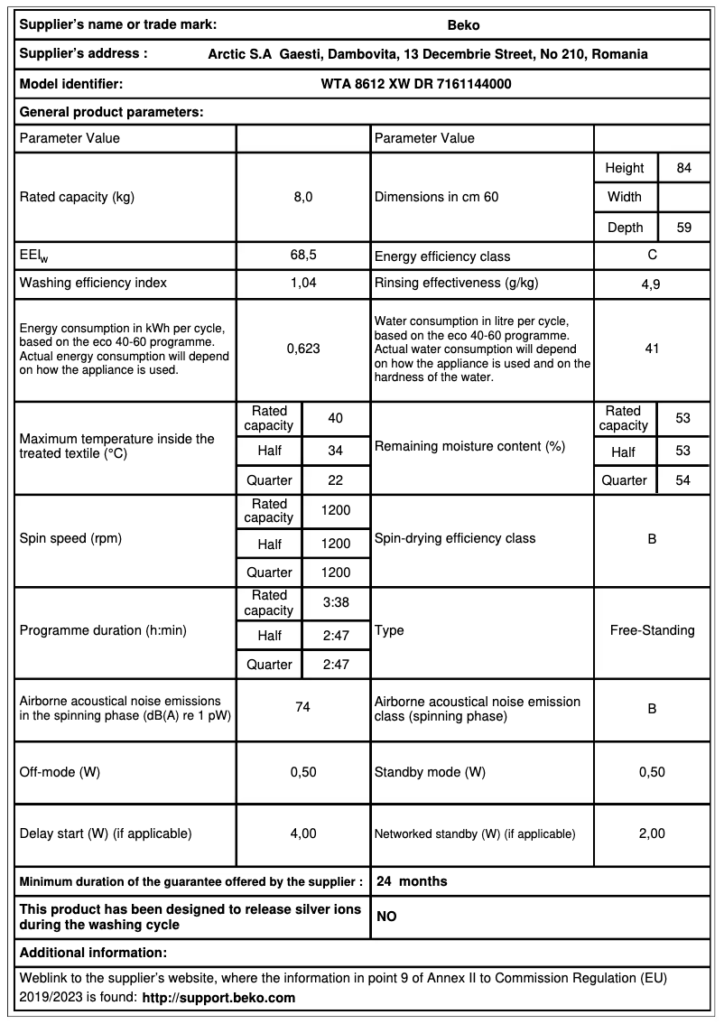 Page 1 de la notice Brochure Beko WTA 8612 XW DR