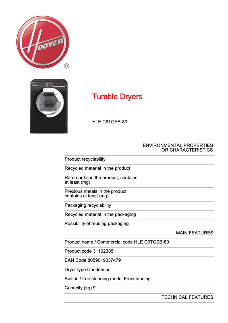 Page 1 de la notice Fiche technique Hoover HLE C9TCEB-80