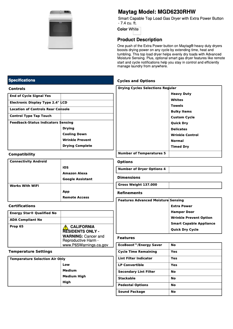 Page 1 de la notice Fiche technique Maytag MGD6230RHW