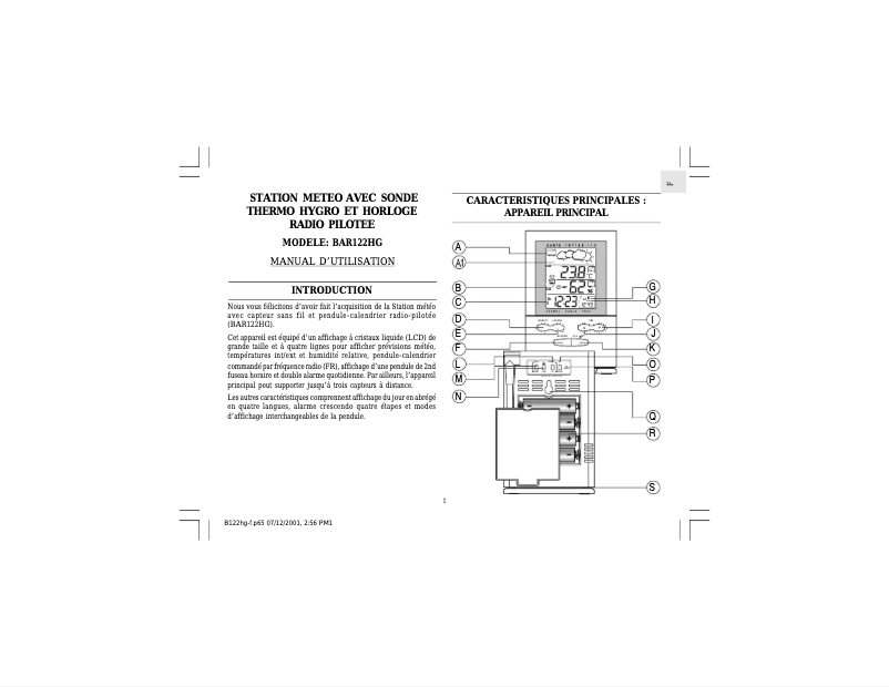 Page 1 de la notice Manuel utilisateur Oregon Scientific BAR122HG