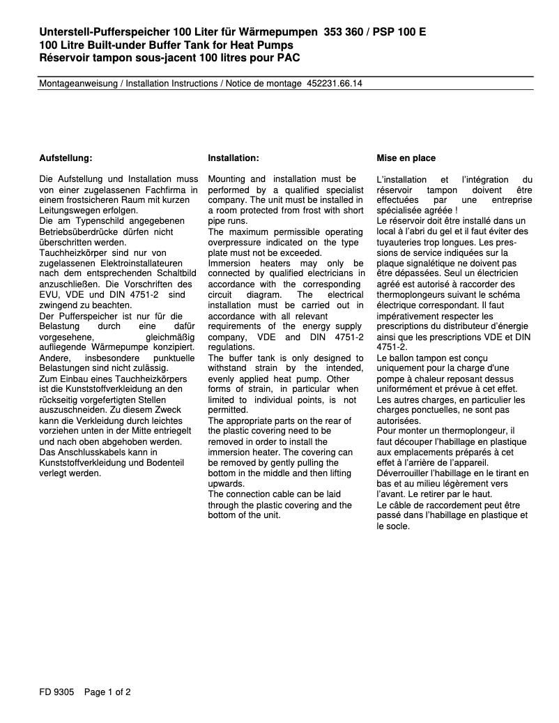 Page n°1 - Manuel utilisateur Dimplex PSP100E