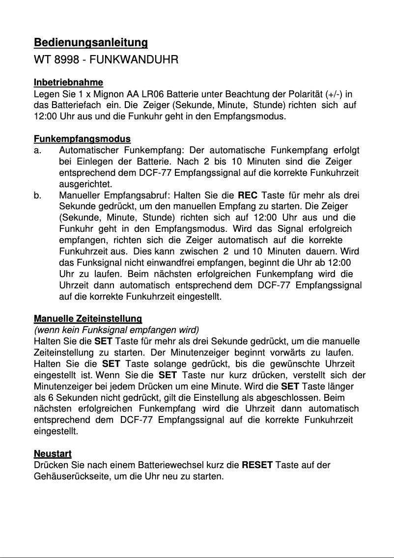 Page n°1 - Manuel utilisateur Techno Line WT 8998