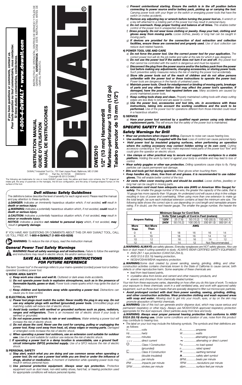 Page n°1 - Manuel utilisateur DeWalt DWE5010