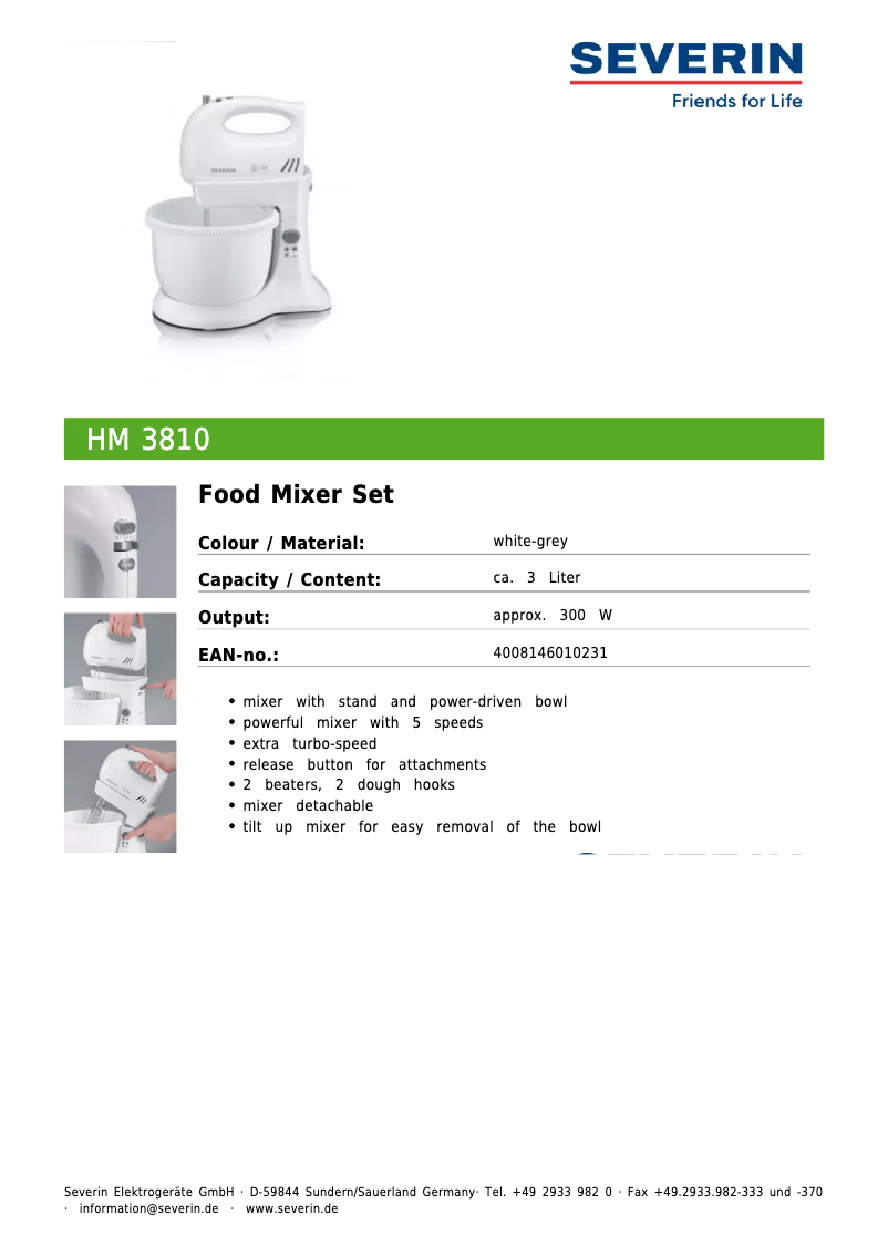 Page 1 de la notice Fiche technique Severin HM 3810