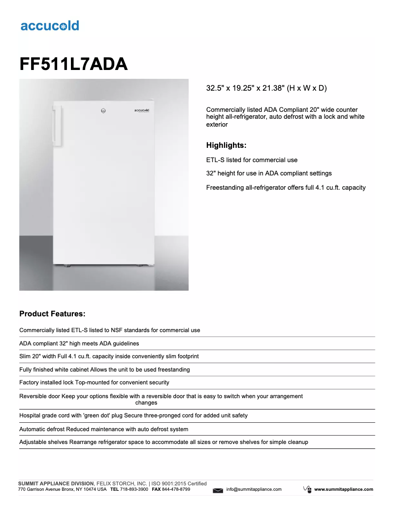 Image de la première page du manuel de l'appareil Accucold FF511L7ADA