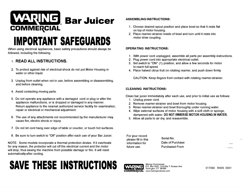 Página 1 del manual Instrucciones / montaje Waring Commercial BJ120C