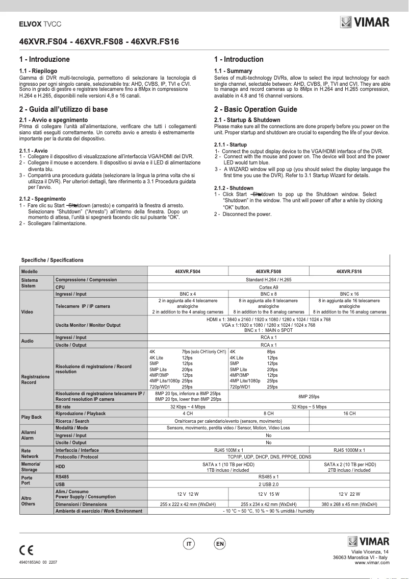 Page n°1 - Manuel utilisateur Vimar ELVOX 46XVR.FS16