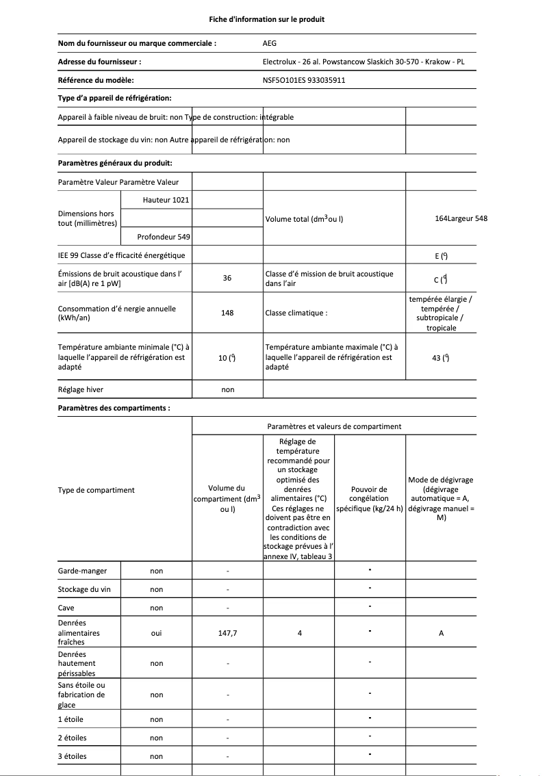 Página 1 del manual Ficha técnica AEG NSF5O101ES
