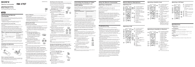 Page 1 de la notice Manuel utilisateur Sony RM-V70T