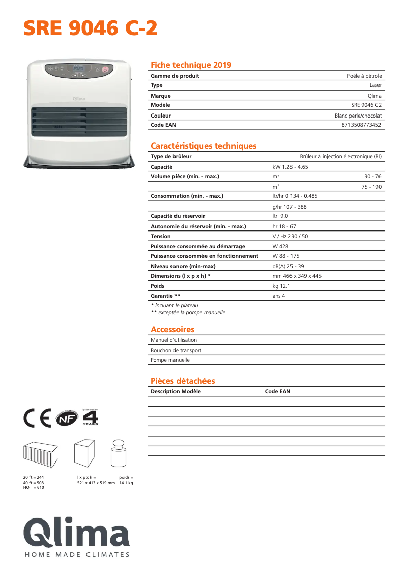 Page 1 de la notice Fiche technique Qlima SRE9046C-2