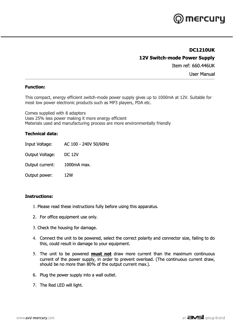Page 1 de la notice Manuel utilisateur Mercury DC1210UK