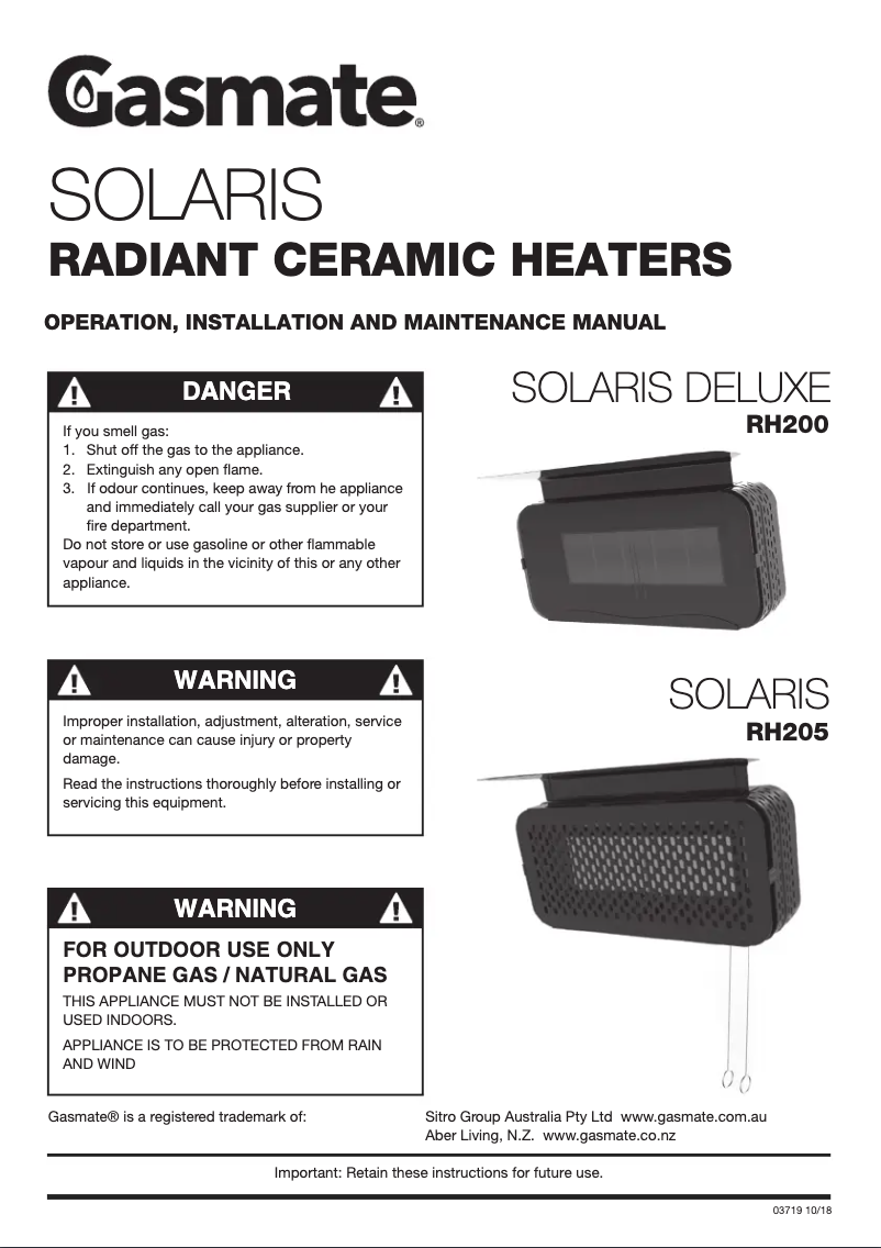 Page n°1 - Manuel utilisateur Gasmate Solaris Deluxe RH200