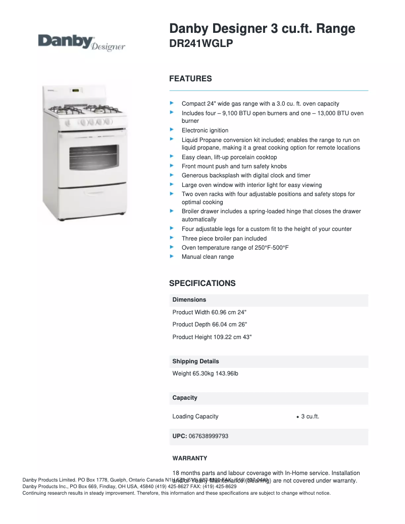 Page 1 de la notice Fiche technique Danby DR241WGLP