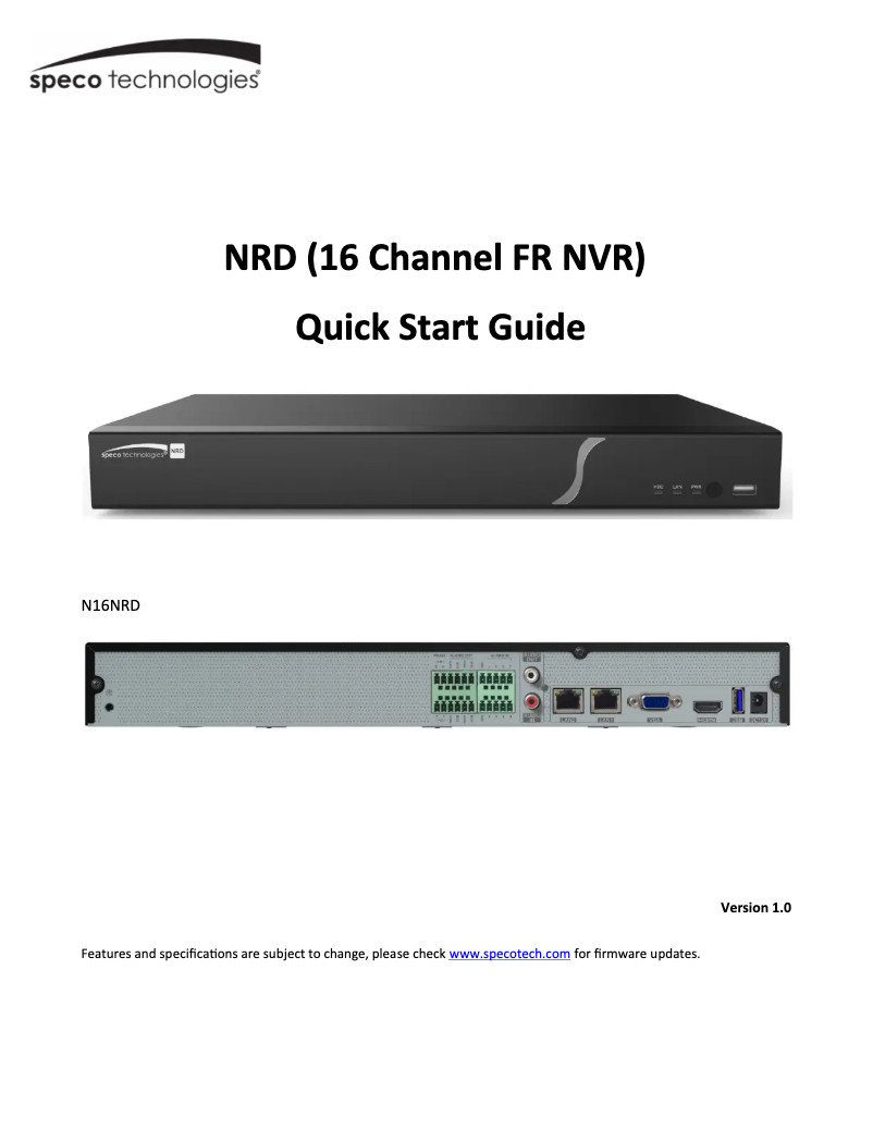 Page n°1 - Guide de démarrage rapide Speco Technologies N16NRD
