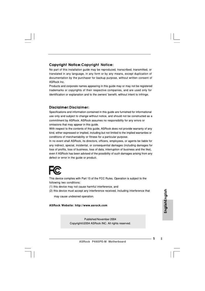 Page 1 de la notice Manuel utilisateur Asrock P4i65PE-M