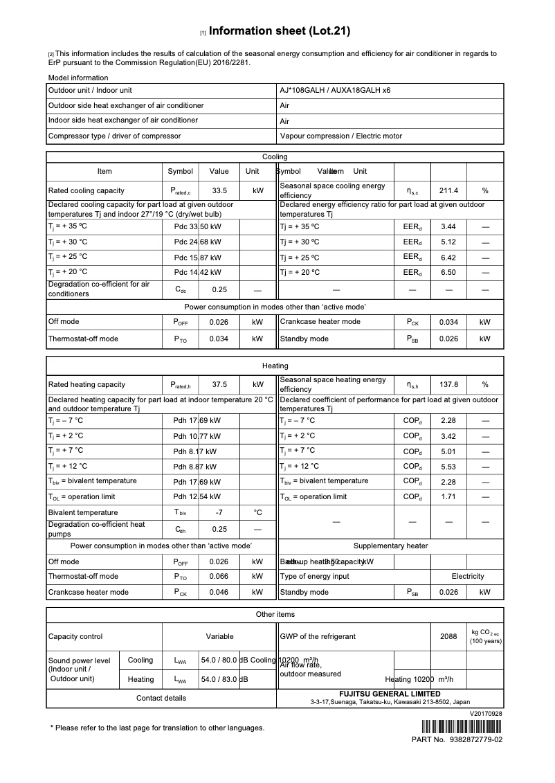 Page 1 de la notice Fiche technique Fujitsu Airstage AJY108GALH