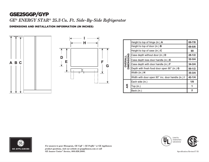 Page n°1 - Fiche technique GE GSE25GGPWW