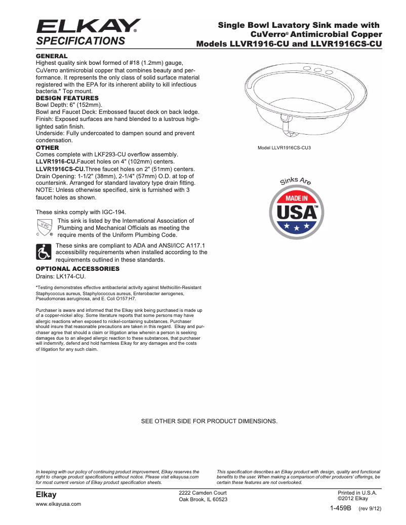 Page 1 de la notice Fiche technique Elkay LLVR19161CU