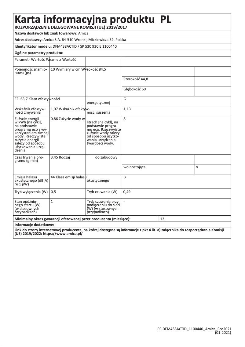 Page 1 de la notice Manuel utilisateur Amica DFM438ACTID