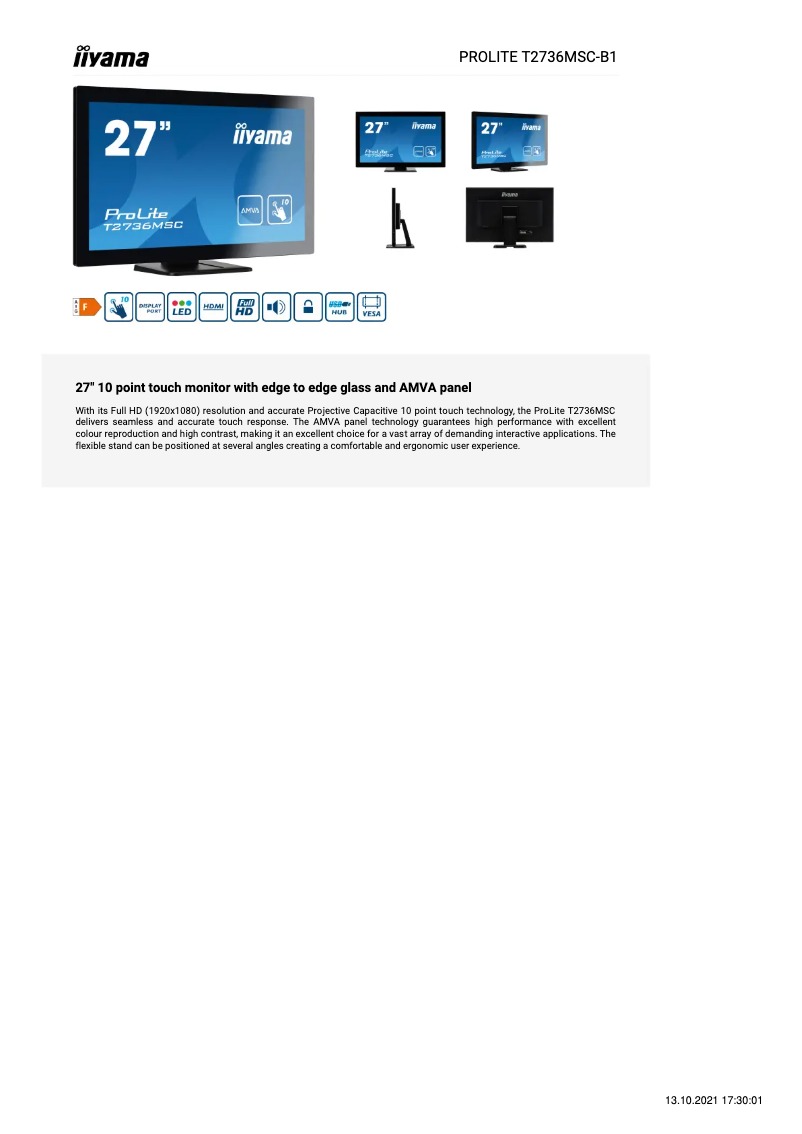 Page 1 de la notice Fiche technique Iiyama ProLite T2736MSC-B1